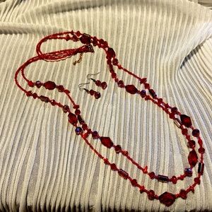Beautiful Red Double Strand Necklace & Earrings